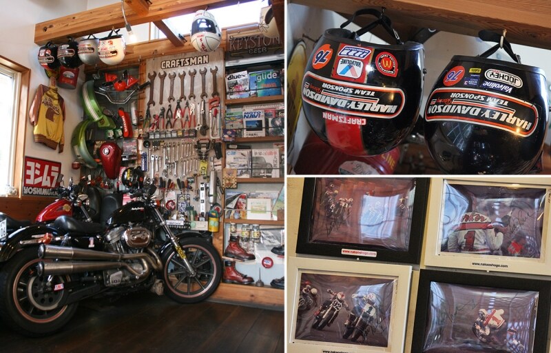 ハーレー乗りなら誰もが憧れるガレージハウスの姿が店内に広がっています。