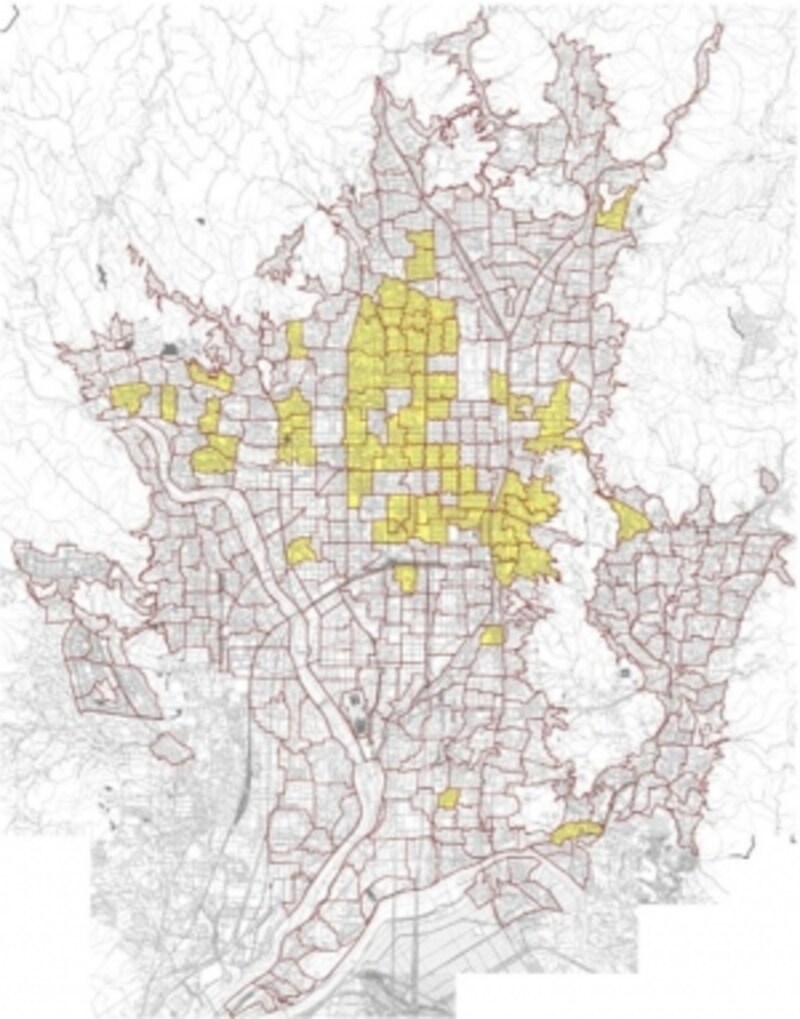 【図1】京都市内の密集市街地の分布状況(出典:歴史都市京都における密集市街地対策等の取り組み方針 平成24年7月京都市)