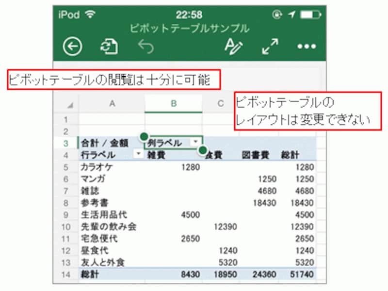 ピボットテーブルが含まれているブックの表示