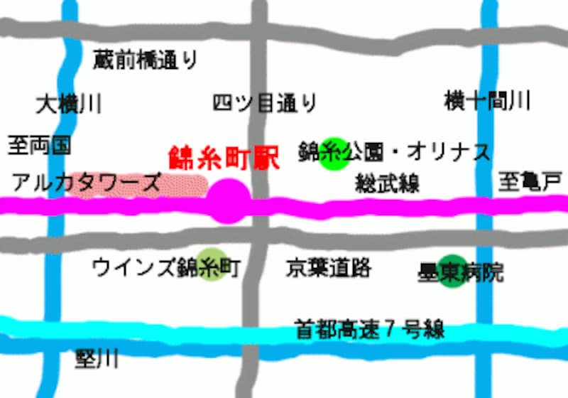 総武線、東京メトロ錦糸町周辺の主な道路と施設その他の位置概念図