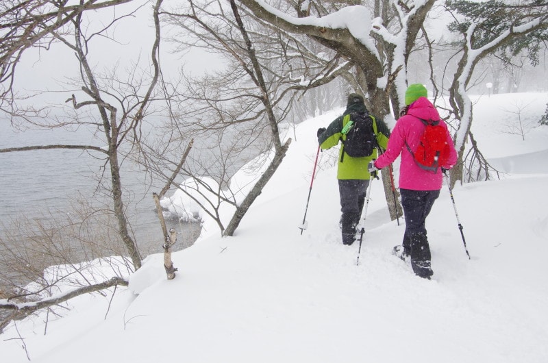 雪,スノーシュー,雪山,スキー,スノボ,冬,ウィンタースポーツ,爽快,滑走,ウェア,杖,散策,アクティビティ