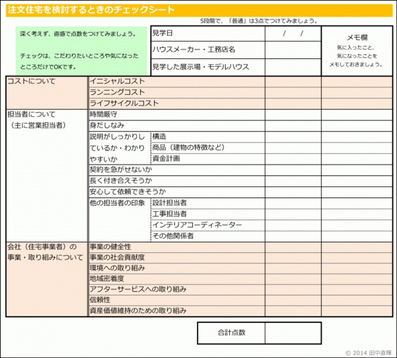 注文住宅編のチェックシート（表面）