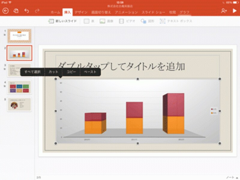 「Excel for iPad」のグラフをコピーしてスライドに貼り付けたところ。「コピー」や「貼り付け」は「ホーム」タブにないので、タップしたときに表示されるメニューを使う。