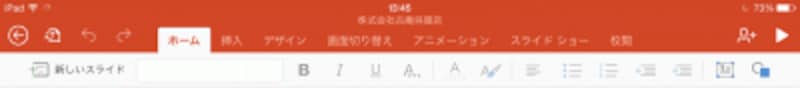 「ホーム」タブ。新しいスライドを追加したり、文字に書式を付ける機能が並んでいる。