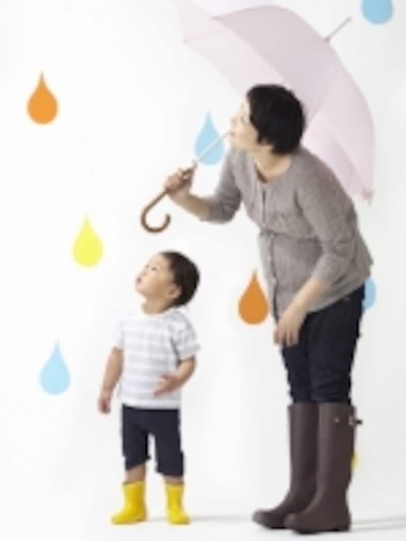 傘を指す親子