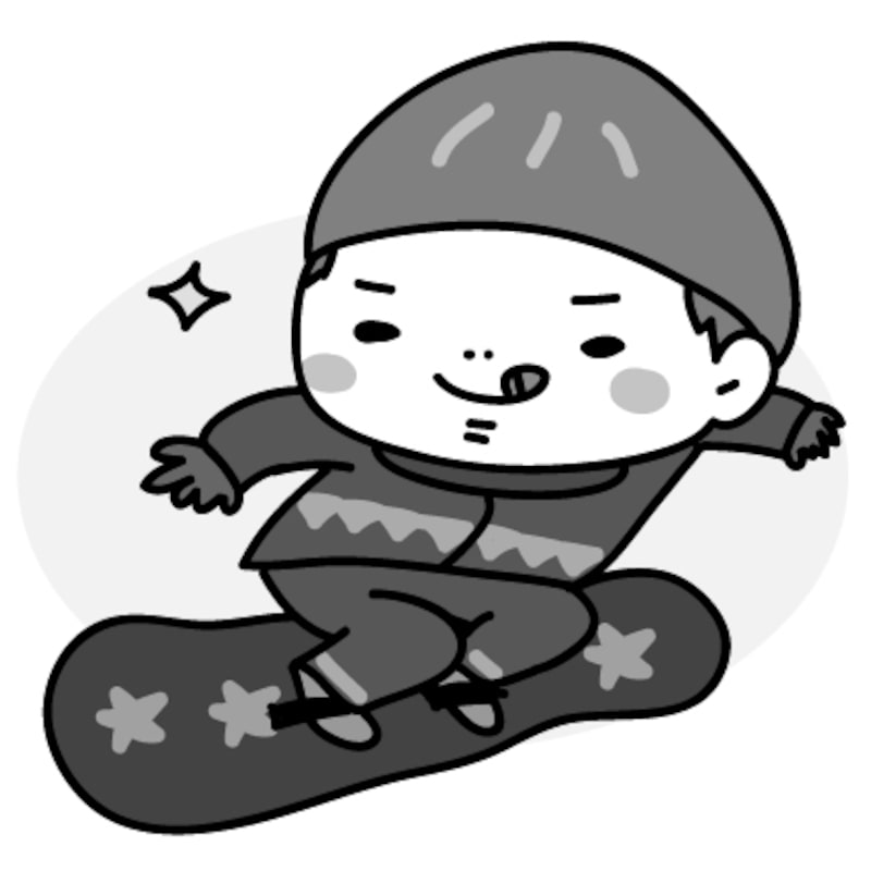 【モノクロ】上手にスノボをする男の子です。
