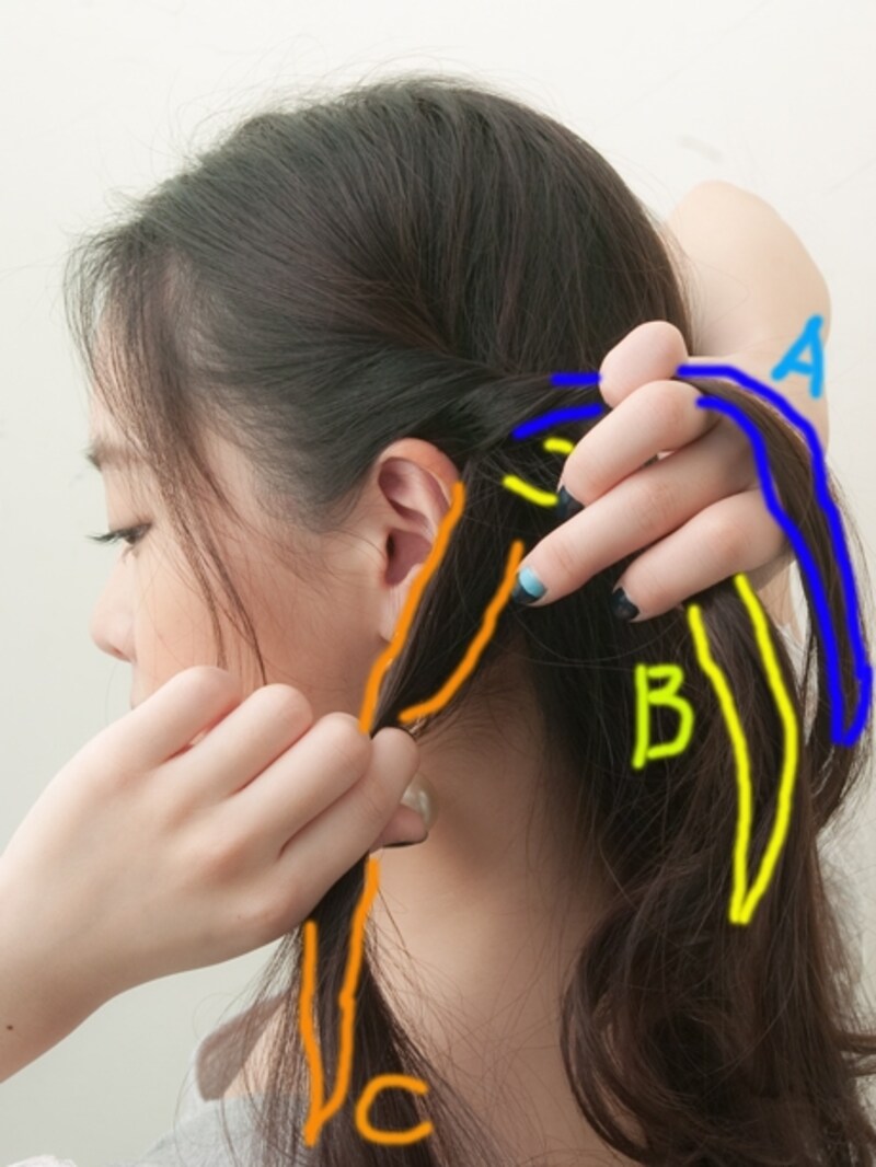 Cの毛束はざっくりとるとナチュラルな仕上がりになる