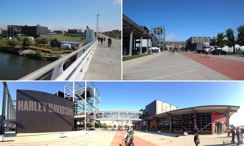 ［左上］大きな橋を渡るとH-Dミュージアムが見えてきますundefined［右上］ミュージアムは広大な敷地の一角にありますundefined［下］周辺の風景をパノラマ撮影