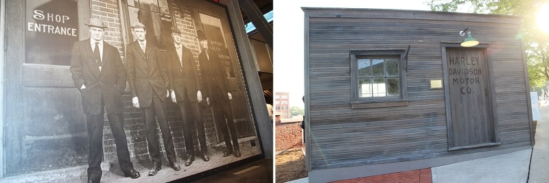［左］左から、アーサー・ダビッドソン、ウォルター・ダビッドソン、ウィリアム・S・ハーレー、ウィリアム・ダビッドソンundefined［右］創業当時の小屋を再現したもの （ミュージアムではなくH-D本社敷地内にあります）