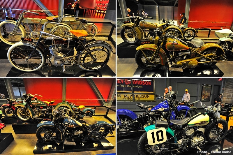 小さな原動機付き自転車から次第にエンジンが進化し、今のハーレーダビッドソンを思わせるシルエットが徐々に象られていきます。