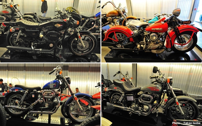 初のカフェレーサーモデル XLCR（左上）やグンを抜いた人気を誇る”ヨンパチ”1948年式パンヘッド（右上）、初代ローライダー（右下）など、珠玉のモデルがずらり勢揃い。