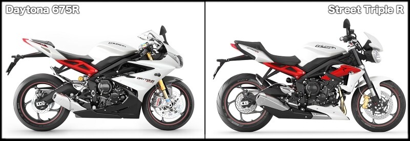 左がレーサーモデル『デイトナ675R』。見比べると、同じエンジンを備えつつも、ストリートトリプルRは市街地仕様のアップライトなモデルであることが伺えます