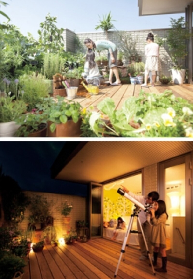2階建ての上に追加する小さなコテージの例です。半分を部屋にして、半分を広いバルコニーにすることで、ガーデニングや天体観測など、いろいろな活用の仕方が考えられます