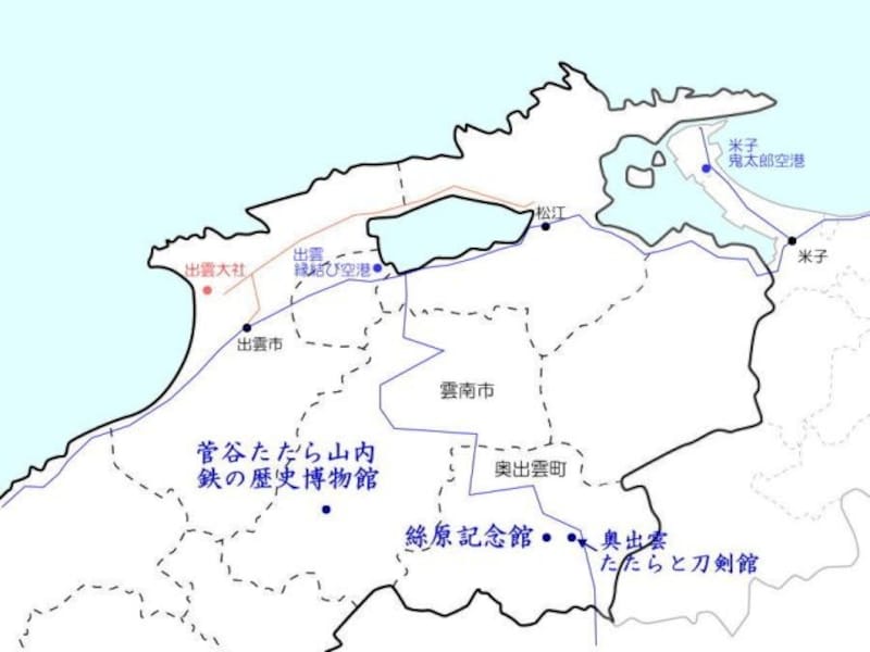 ご紹介した「たたら」による製鉄の史跡の位置の地図