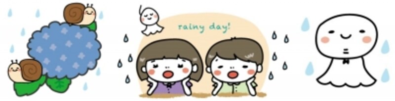 あじさいやかたつむりなど梅雨のイラストカット