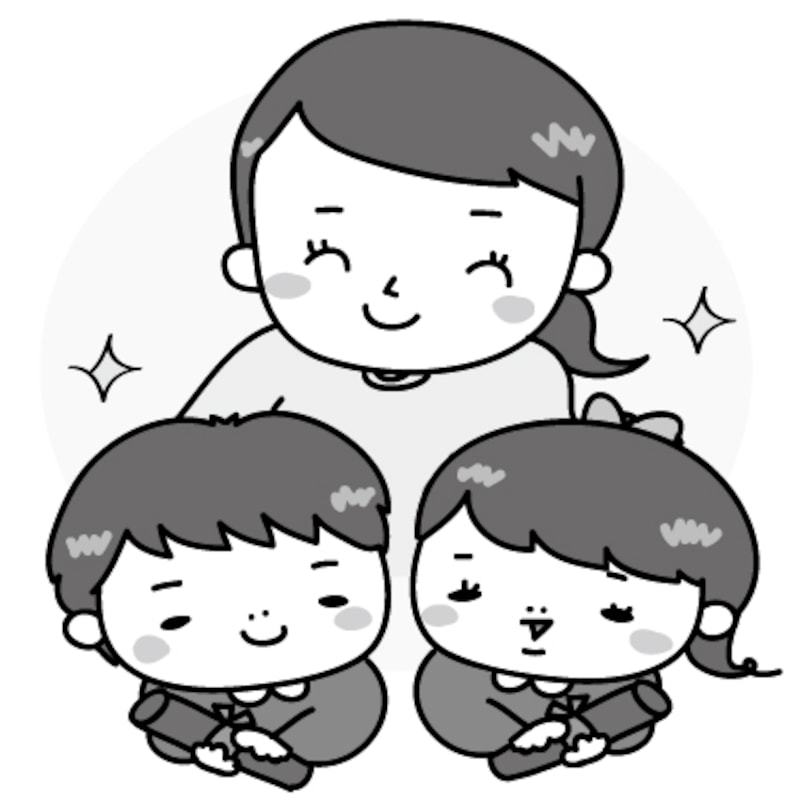 【モノクロ】先生と卒園児たちのイラストです。