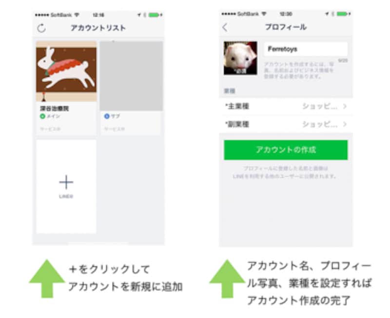 画面にしたがって、プロフィール写真、アカウント名、業種を設定する