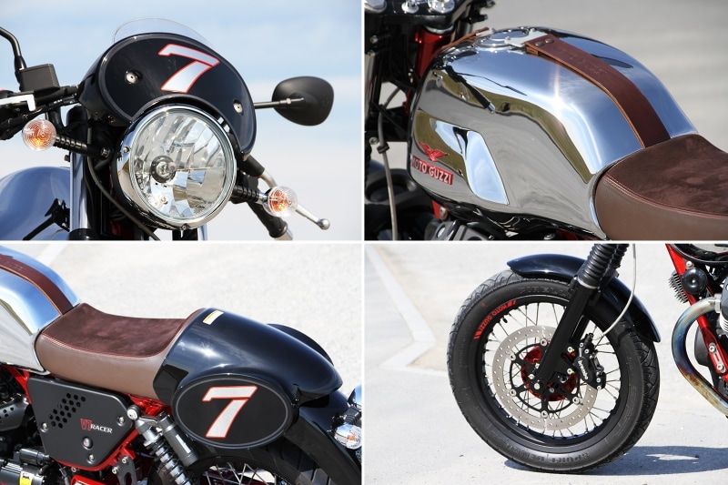 メッキ加工のフューエルタンクにスエード仕様のシート、真っ赤に染められたフレームやホイールのハブなど、V7レーサーならではのハイグレード仕様になっている