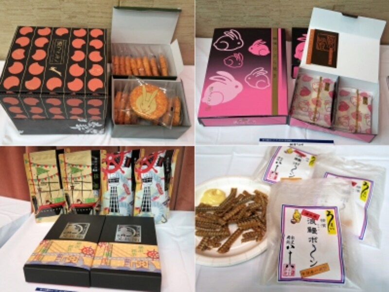 上:濱うさぎ「つぶら焼き」(6枚820円)、「うさぎ餅」(10枚800円など)undefined下:又兵衛「横浜又兵衛」(玉露ティーバッグ、袋入り抹茶1000円、煎茶と抹茶入り玄米セット2000円)、八十八「横濱浪鰻(ろまん)ボーン」(30g426円)
