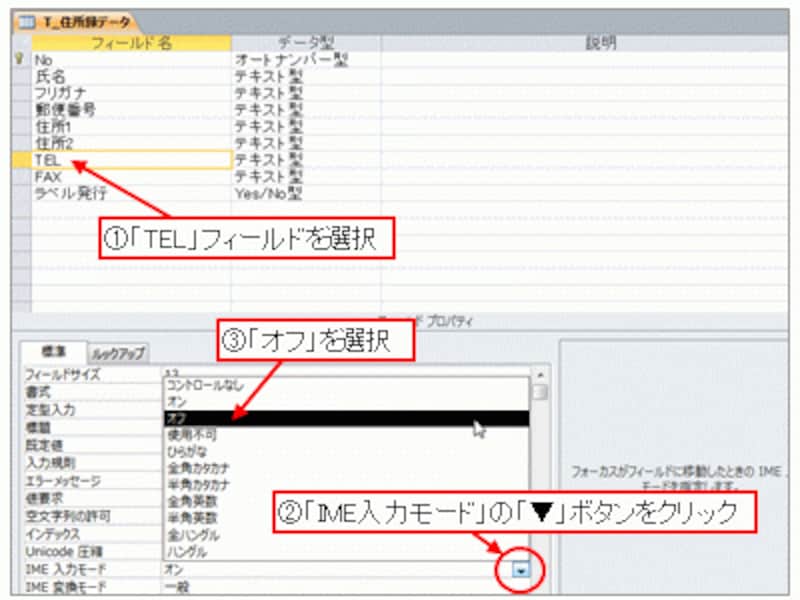 フィールド「TEL」のIME入力モードを「オフ」に設定