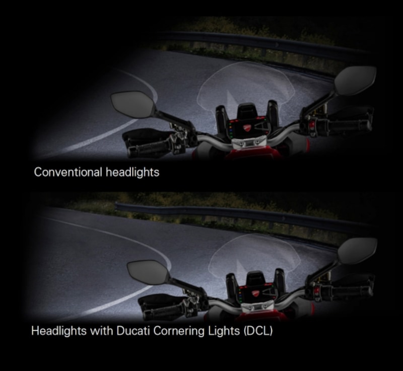 車体が7度以上傾くと、曲がる方向の視認性をアップさせるコーナリングライトが点灯し、見通しを良くしてくれる