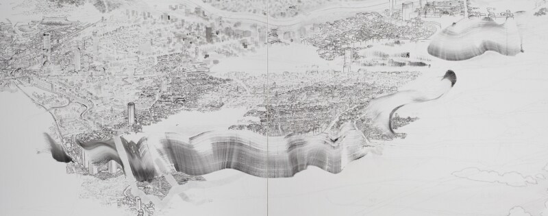Tokio山水(東京圖 2012)/部分undefined2012undefinedキャンバスに墨undefined四曲一双undefined各162×342cm Work created with the support of Fondation d’entreprise Herm?s ? Nac?sa & Partners Inc. / Courtesy of Fondation d’entreprise Herm?s ? YAMAGUCHI Akira, Courtesy Mizuma Art Gallery