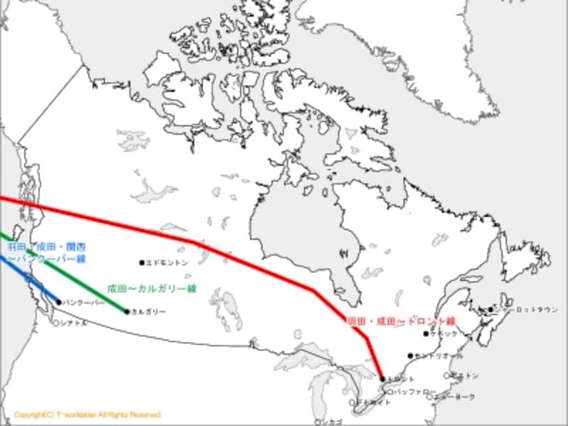 カナダ、アメリカ各都市の位置関係と直行便運航ルート（クリックで拡大）