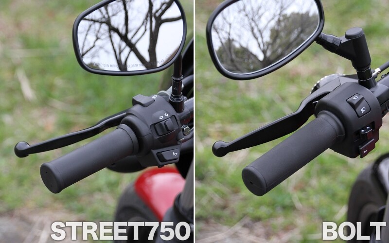 レバーが太いのはハーレーの伝統。にもかかわらず、ボルトが太くてストリート750が細いという妙な違いが