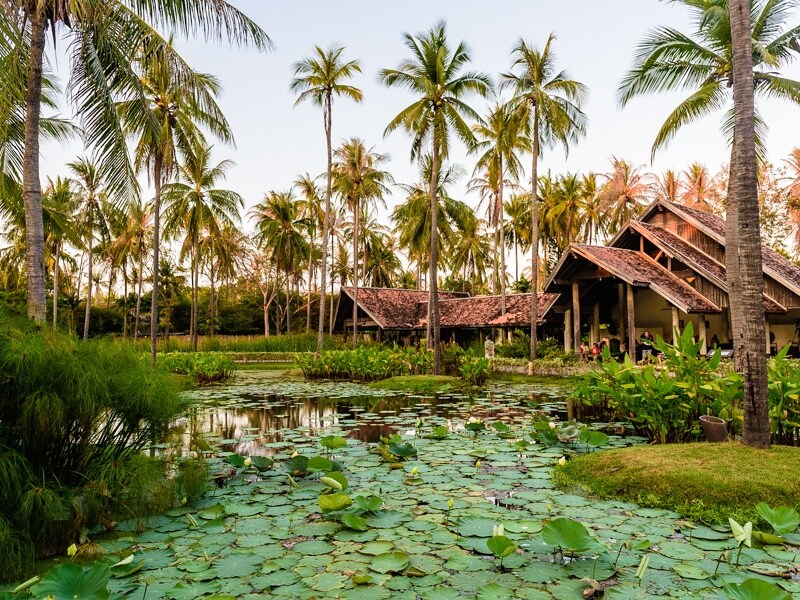 蓮池を臨むレセプションの建物。アクティビティのスケジュール確認や申し込みもこちらで