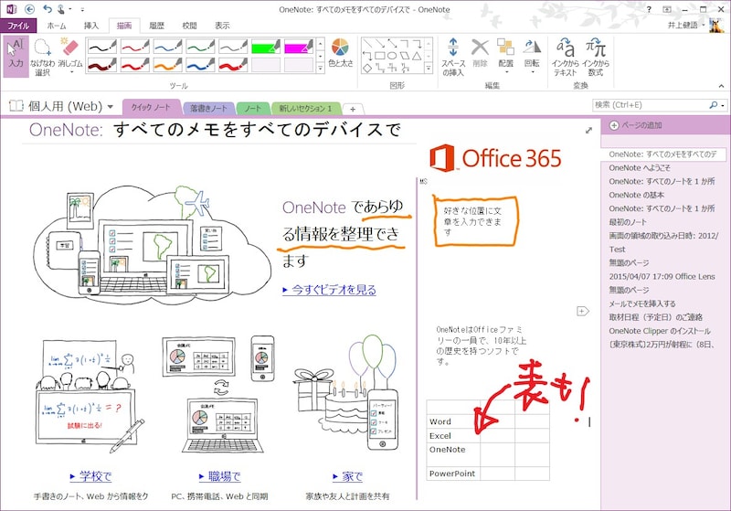 OneNoteの画面。文字、画像、図形、表、手書き文字など、さまざまな情報を自由な位置に書き込んで管理できます