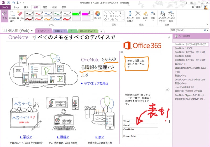 OneNoteの画面。文字、画像、図形、表、手書き文字など、さまざまな情報を自由な位置に書き込んで管理できます