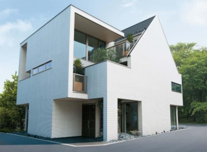 大胆に削り取られた三角形の屋根によって個性的な形の外観になりました