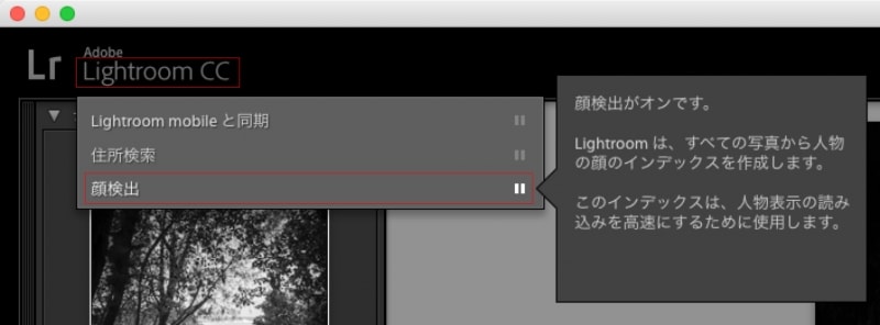 Lightroomのウィンドウ左上にあるIDプレートをクリックして顔検出の切り替えが可能。