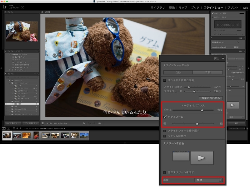 スライドショーモジュールの「再生」パネル。「オーディオバランス」と「パンとズーム」、また「画質」の選択項目が追加されています。