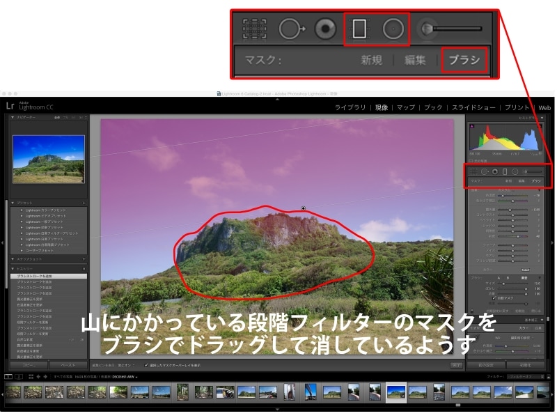 「段階フィルター」と「円形フィルター」のマスクに追加された「ブラシ」でマスク領域を細かく調整可能。