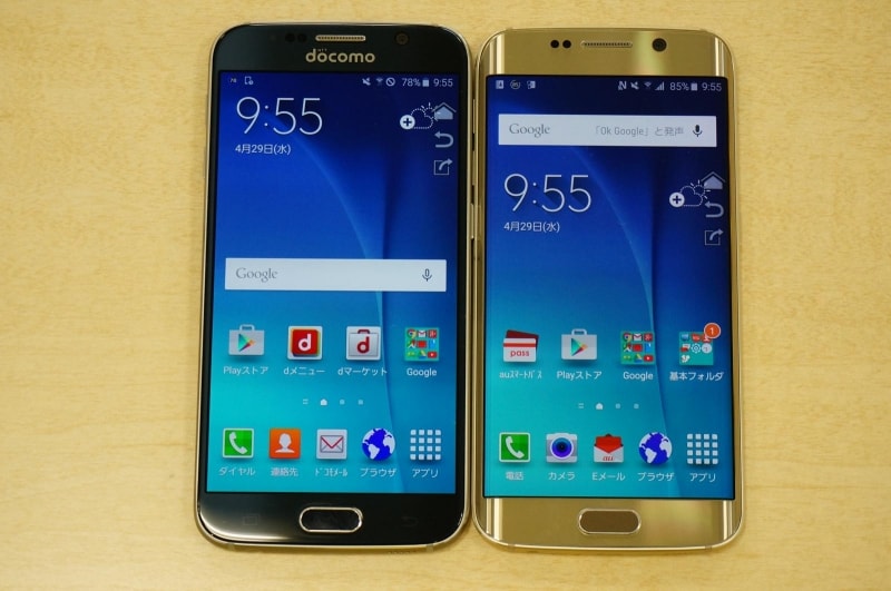 左がGalaxy S6、右がGalaxy S6 edge。ディスプレイサイズは同じですが、エッジスクリーンのため、edgeの方がコンパクトに感じます。