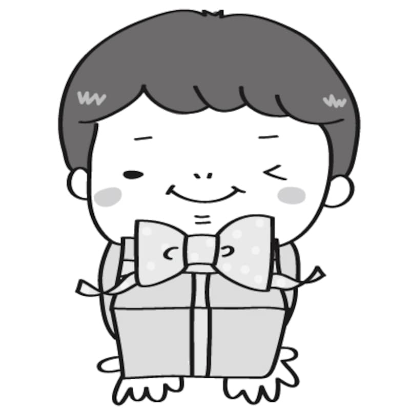 【白黒】お祝いのプレゼントを渡す男の子です。