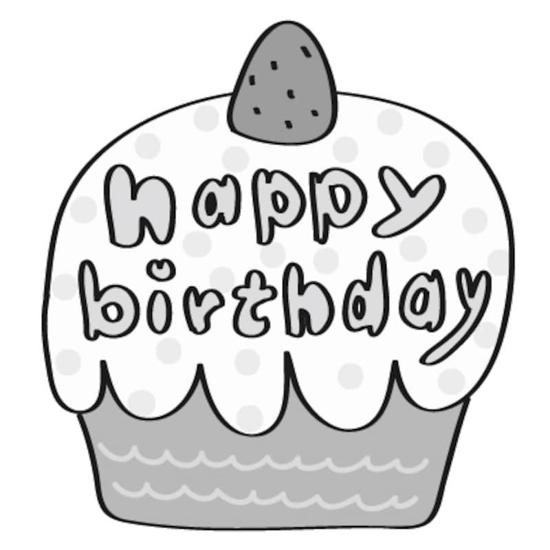 【白黒】ケーキとハッピーバースデーのロゴです。
