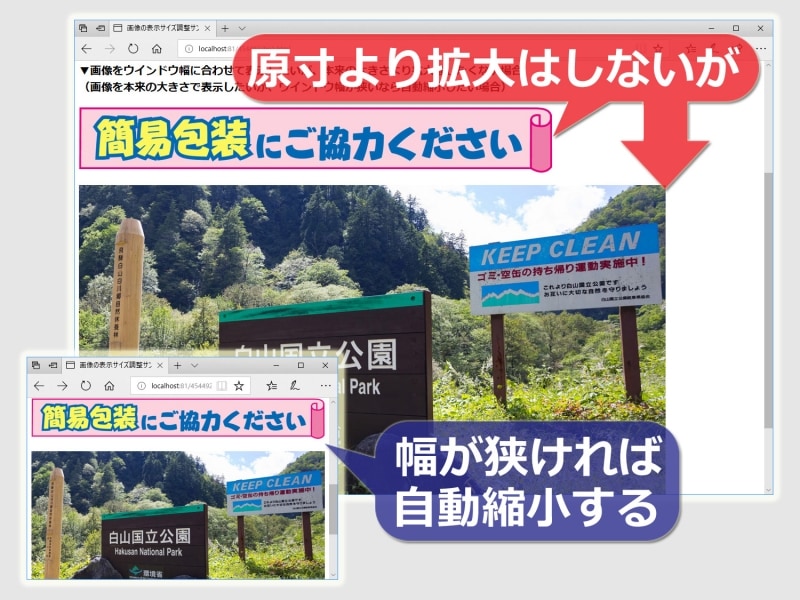 画像サイズ自動調整の例:基本は原寸で表示するものの、描画領域が狭ければ自動縮小する
