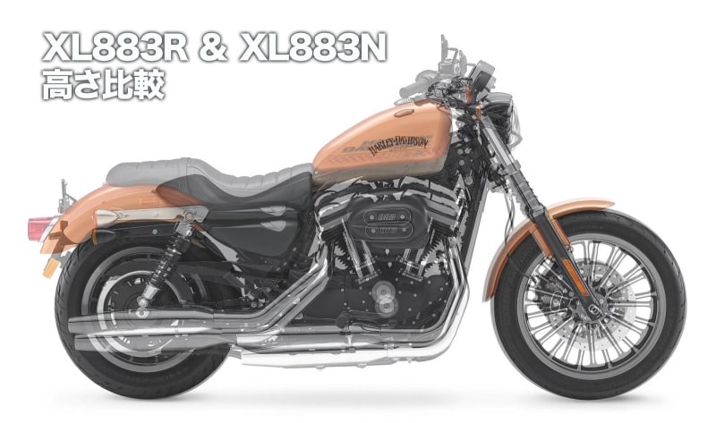 XL883RとXL883Nアイアンとの高さ比較。ハンドル位置やシート位置、エアクリーナー位置などを見れば、車体の高さに違いがあるのが分かる