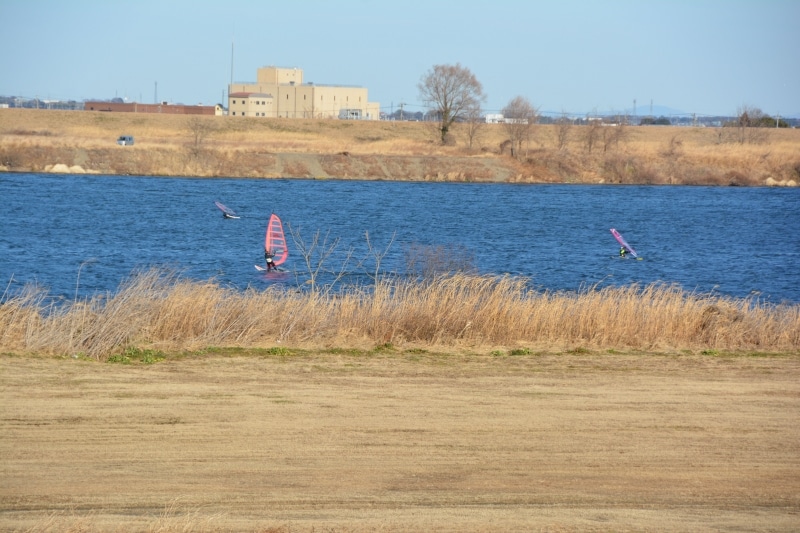 色彩豊かなセールの影を川面に映すサーファー