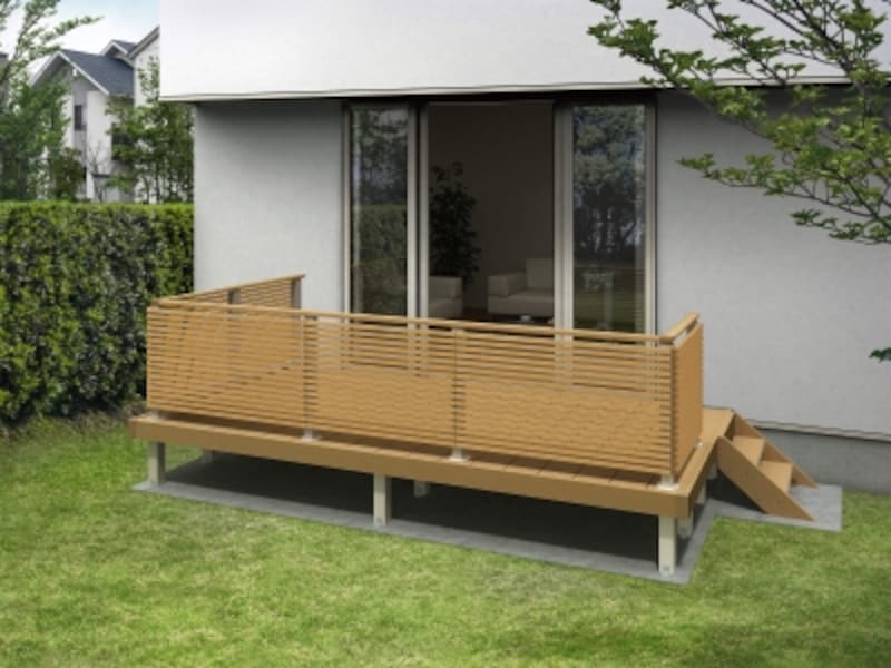 デッキの使い方に合わせて、フェンスやステップを設けて。[ルシアス デッキフェンスＡ03型（横ストライプ）undefinedT80undefinedデッキ材 FD：ホワイトブラウン]undefined YKK APundefined http://www.ykkap.co.jp/