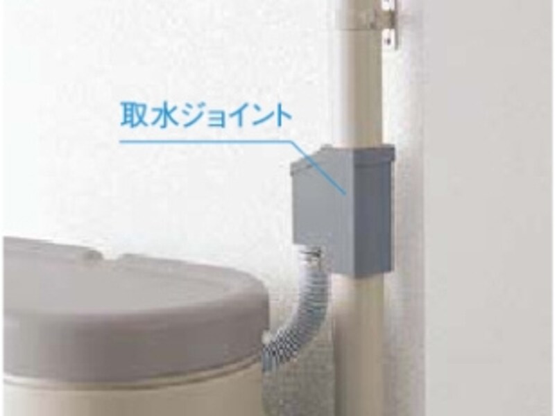 雨樋を加工することで、簡単に取り付け可能。取水ジョイントのフィルターが大きなゴミを除去する。[エコリス]