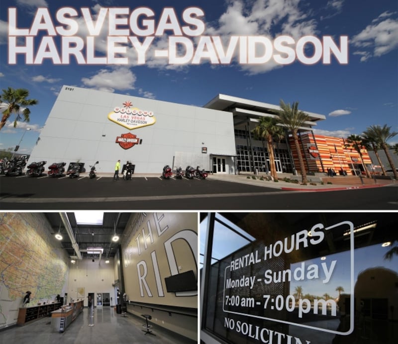 ［上］巨大なラスベガス ハーレーダビッドソン ［下左］店内にあるレンタルコーナー ［下右］なんと朝7時から受け付けを開始している