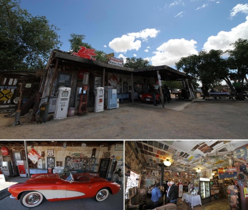 ルート66のスポットのひとつ、ハックベリー・ゼネラル・ストア。旧時代のガソリンスタンド併設ショップの姿をそのままに残す
