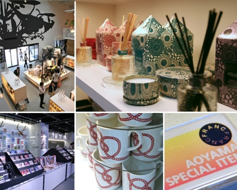 右上:青山店限定商品、手前からリードディフューザー4410円、ティンキャンドル(L)3780円、(S)1890円。右下:このデザインは青山だけ、のMYマグ500円。このほかにも、ここでしか買えないアイテムがたくさん。AOYAMA SPECIAL ITEMの印を探して!
