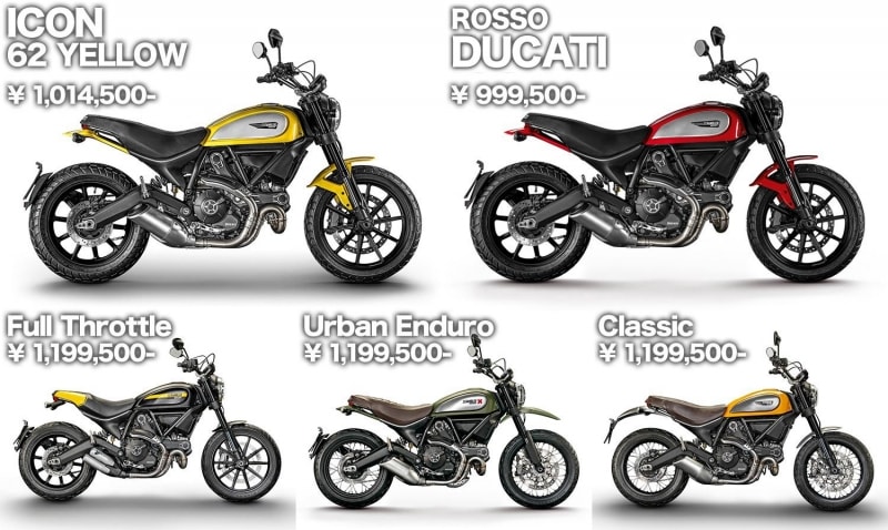 ICON DUCATIが100万円を切るという破格! その他タイプ別のモデルも120万円に届かないなど、お買い得すぎる価格設定に