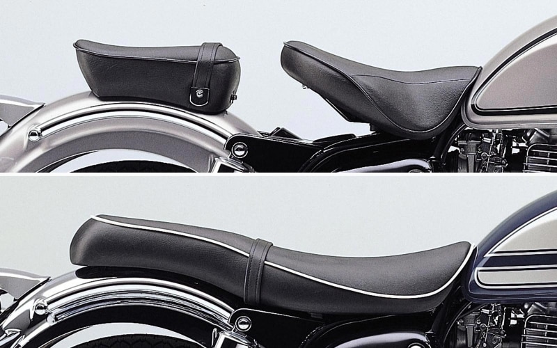 サドルシート（上）を採用しているのがエストレヤ／エストレヤRSカスタム／エストレヤカスタムの3モデルで、ダブルシートを採用しているのは他2モデル