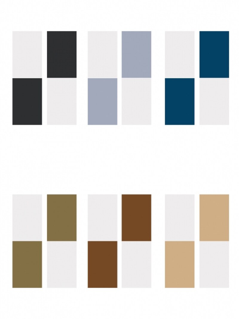 白×黒（59%）、黒×白（41%）、白×グレー（56％）、グレー×白（44％）、白×ネイビー（51%）、ネイビー×白（49％）、白×カーキ（54％）、カーキ×白（46％）、白×ブラウン（52％）、ブラウン×白（48％）、白×ベージュ（54％）、ベージュ×白（46％）