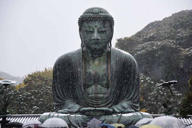 雪の日の大仏。別途料金がかかるが、胎内（体内）拝観も可能